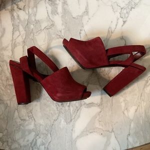 DVF Rebel peep toe suede heels, burgundy cranberry, size 7